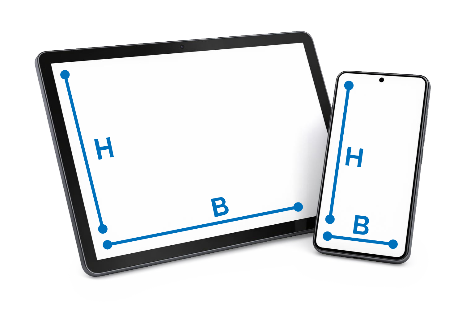 Tablet e smartphone con frecce per altezza e larghezza – rappresentazione della protezione su misura per schermo.