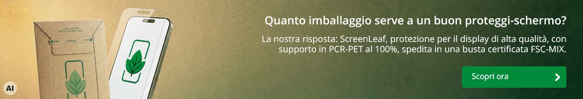 ScreenLeaf: protezione per il display con supporto in PCR-PET al 100%, spedita in busta certificata FSC-MIX. Scopri ora.