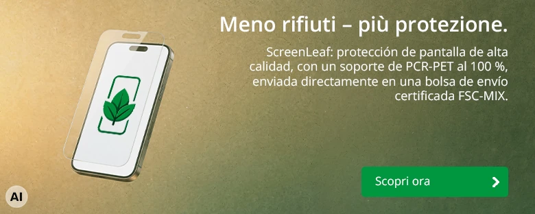 ScreenLeaf: protezione per il display con supporto in PCR-PET al 100%, spedita in busta certificata FSC-MIX. Scopri ora.