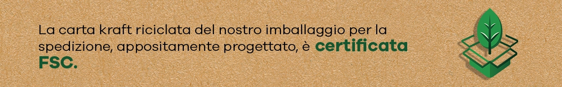 La carta kraft riciclata del nostro imballaggio per la spedizione, appositamente progettato, è certificata FSC.
