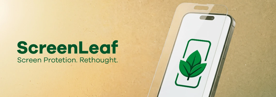 Logo ScreenLeaf con il claim «Screen Protection. Rethought.», accanto a uno smartphone con logo e pellicola fluttuante
