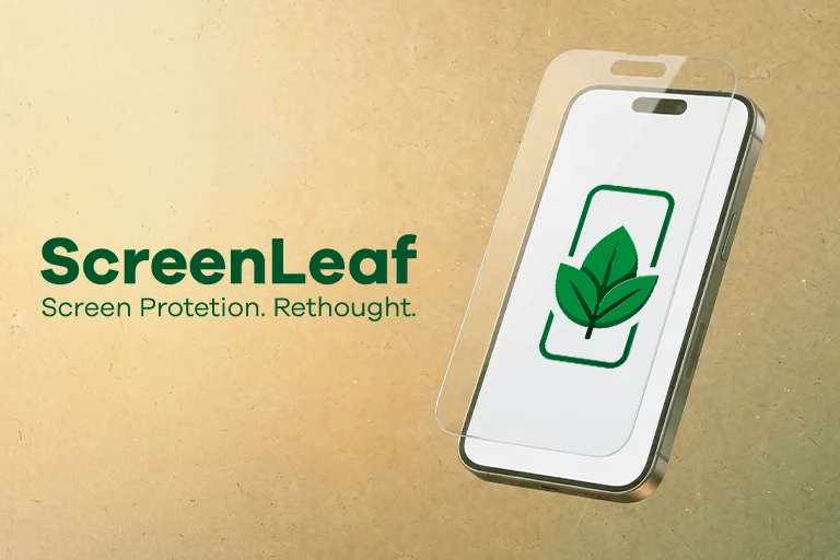 Logo ScreenLeaf con il claim «Screen Protection. Rethought.», accanto a uno smartphone con logo e pellicola fluttuante