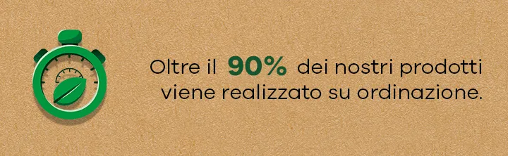 Cronometro verde con foglia e testo: oltre il 90% dei prodotti è realizzato su richiesta – senza eccedenze.