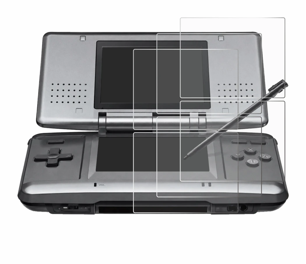 Immagine del dispositivo Nintendo DS con un'ampia varietà di protezioni per lo schermo.