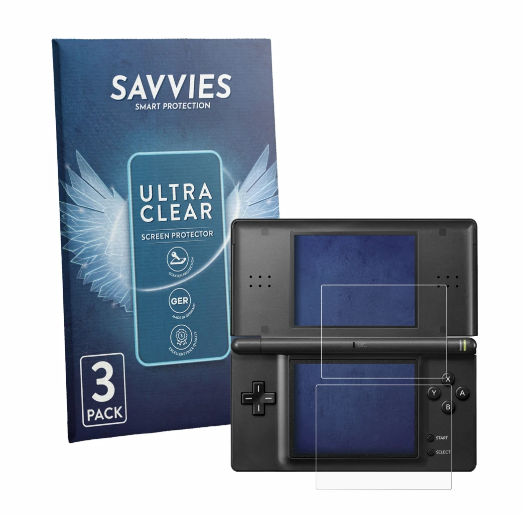 Parte frontale di una confezione del prodotto con il logo del marchio Savvies. Accanto è raffigurato il dispositivo Nintendo D