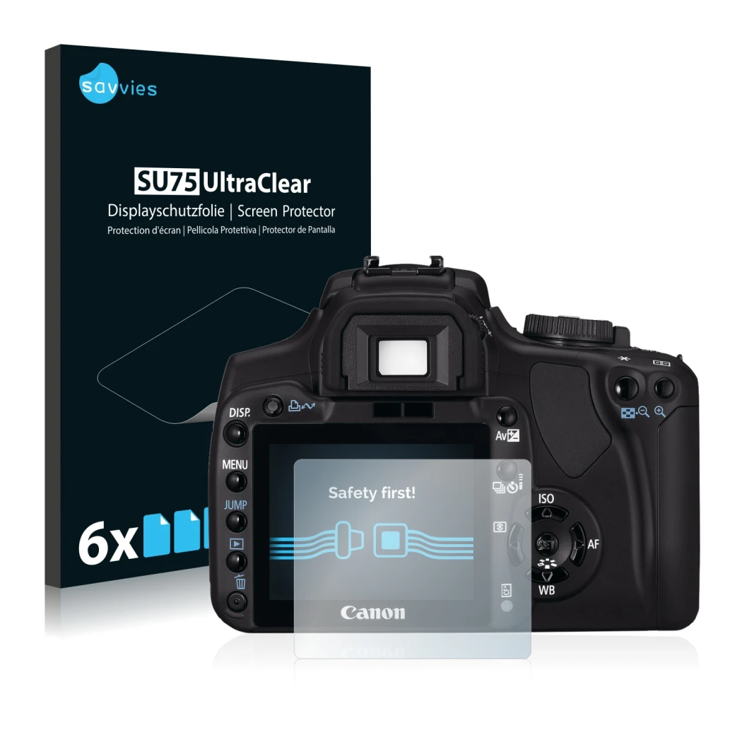 Parte frontale di una confezione del prodotto con il logo del marchio Savvies. Accanto è raffigurato il dispositivo Canon EOS 