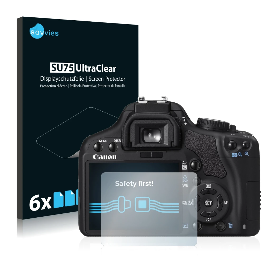 Parte frontale di una confezione del prodotto con il logo del marchio Savvies. Accanto è raffigurato il dispositivo Canon EOS 