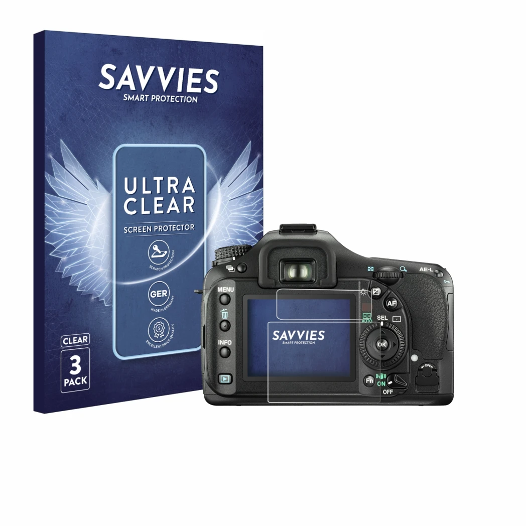 Parte frontale di una confezione del prodotto con il logo del marchio Savvies. Accanto è raffigurato il dispositivo Pentax K20