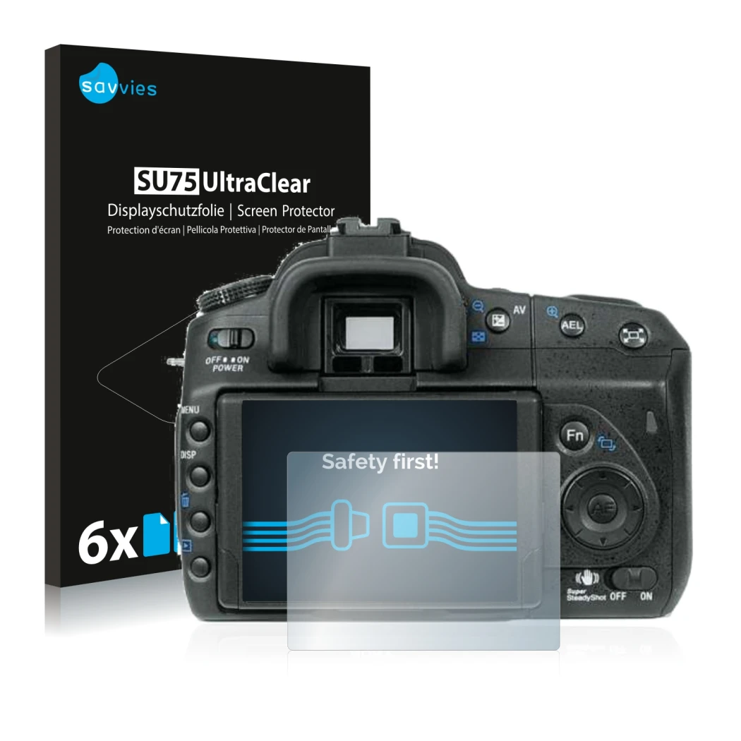Parte frontale di una confezione del prodotto con il logo del marchio Savvies. Accanto è raffigurato il dispositivo Sony Alpha