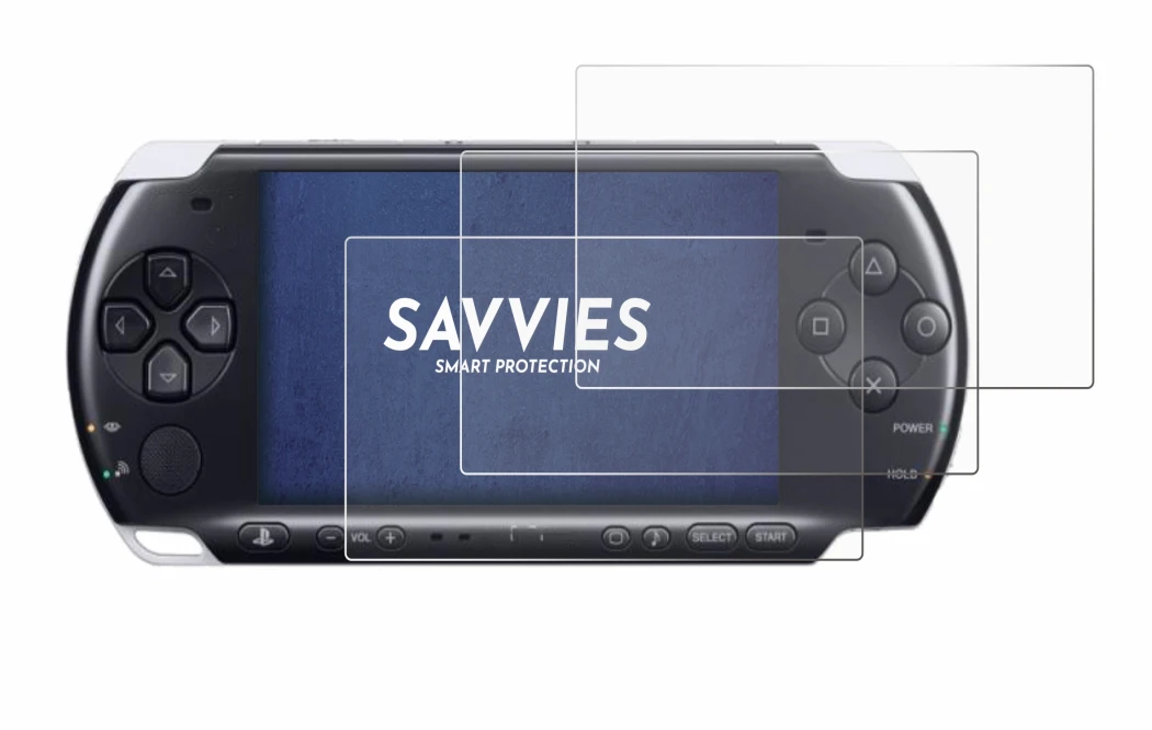 Immagine del dispositivo Sony PSP 3000 con un'ampia varietà di protezioni per lo schermo.