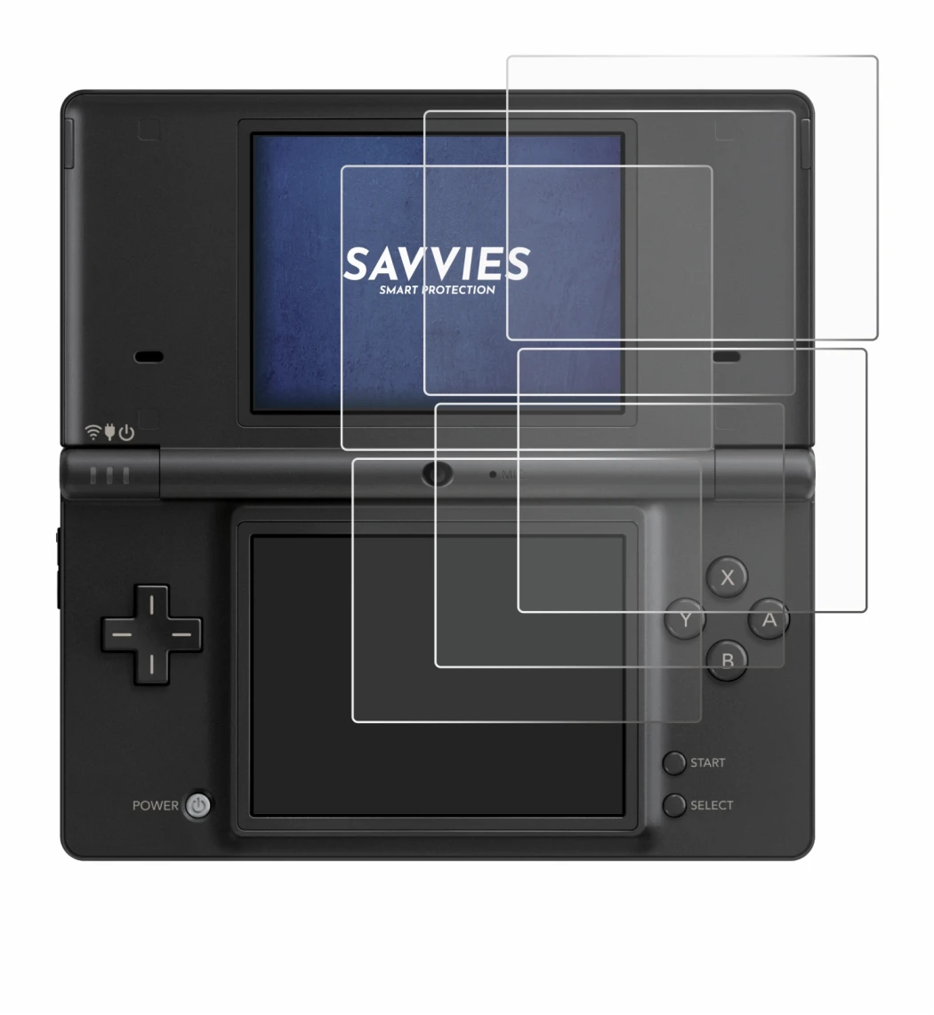 Immagine del dispositivo Nintendo DSi con un'ampia varietà di protezioni per lo schermo.