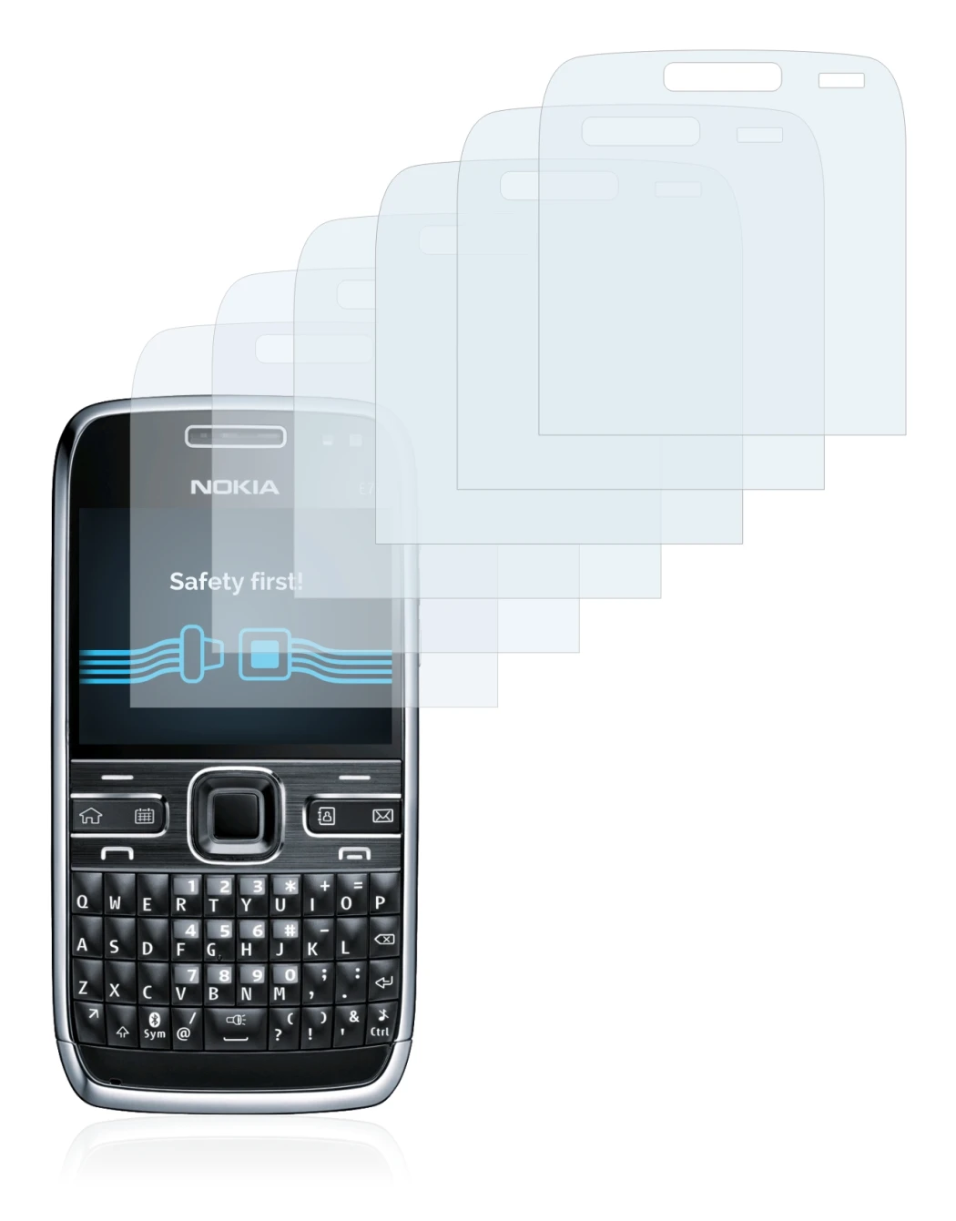 Immagine del dispositivo Nokia E72 con un'ampia varietà di protezioni per lo schermo.