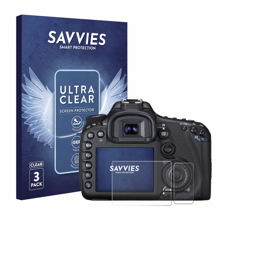 Parte frontale di una confezione del prodotto con il logo del marchio Savvies. Accanto è raffigurato il dispositivo Canon EOS 