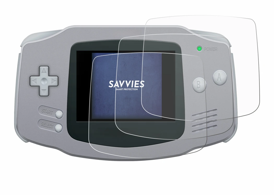 Immagine del dispositivo Nintendo Gameboy Advance GBA con un'ampia varietà di protezioni per lo schermo.