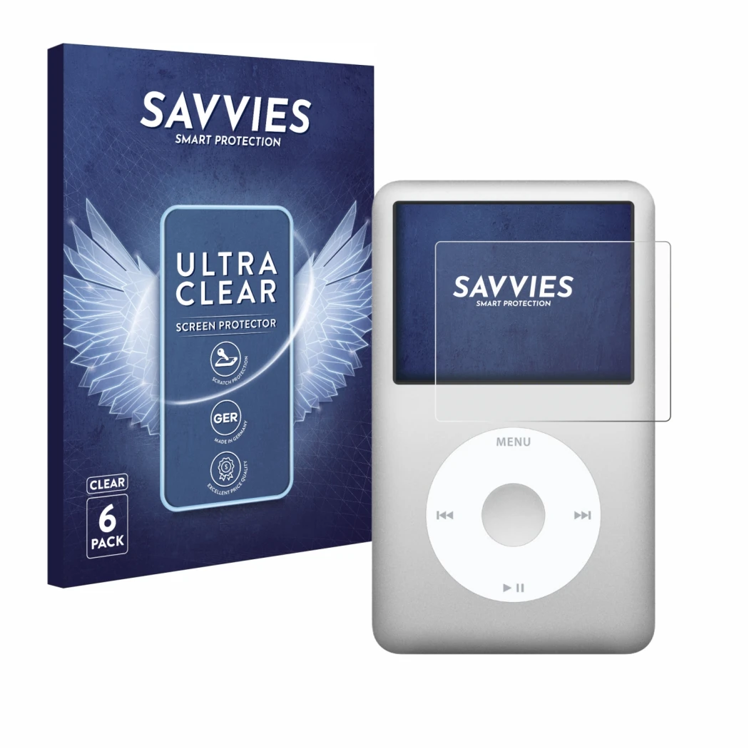 Parte frontale di una confezione del prodotto con il logo del marchio Savvies. Accanto è raffigurato il dispositivo Apple iPod