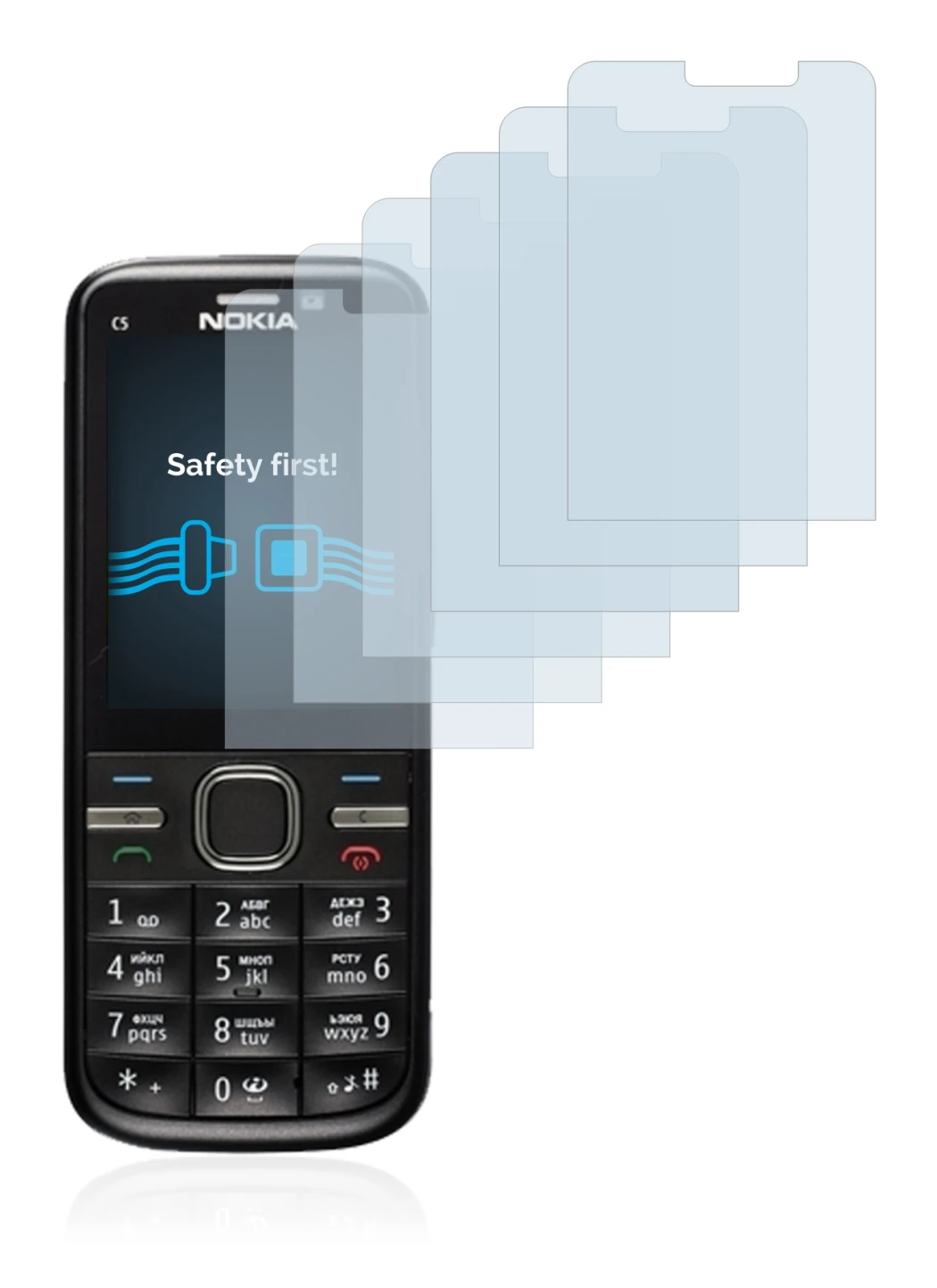 Immagine del dispositivo Nokia C5-00 con un'ampia varietà di protezioni per lo schermo.