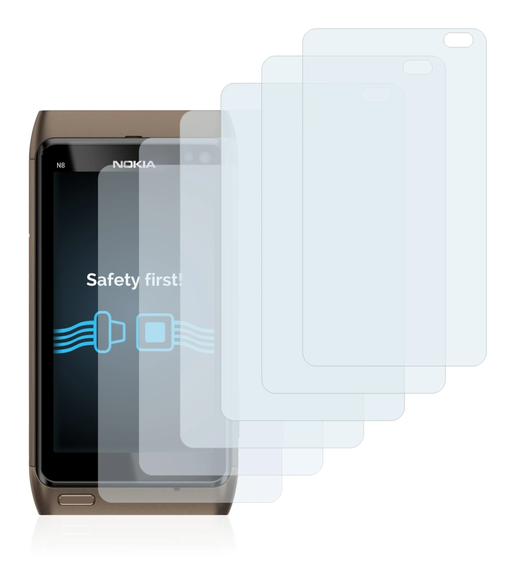 Immagine del dispositivo Nokia n8 con un'ampia varietà di protezioni per lo schermo.