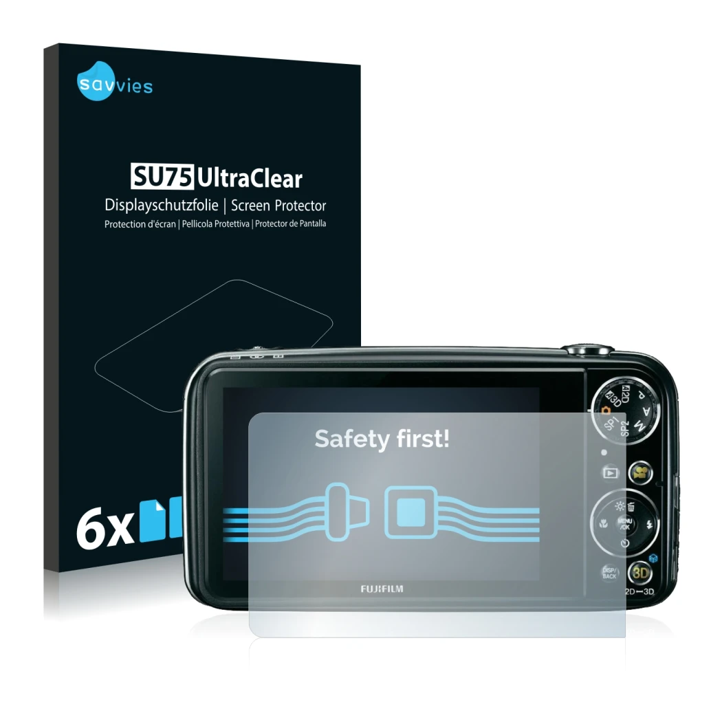 Parte frontale di una confezione del prodotto con il logo del marchio Savvies. Accanto è raffigurato il dispositivo Fujifilm F
