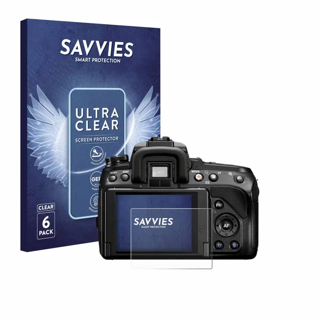 Parte frontale di una confezione del prodotto con il logo del marchio Savvies. Accanto è raffigurato il dispositivo Sony Alpha