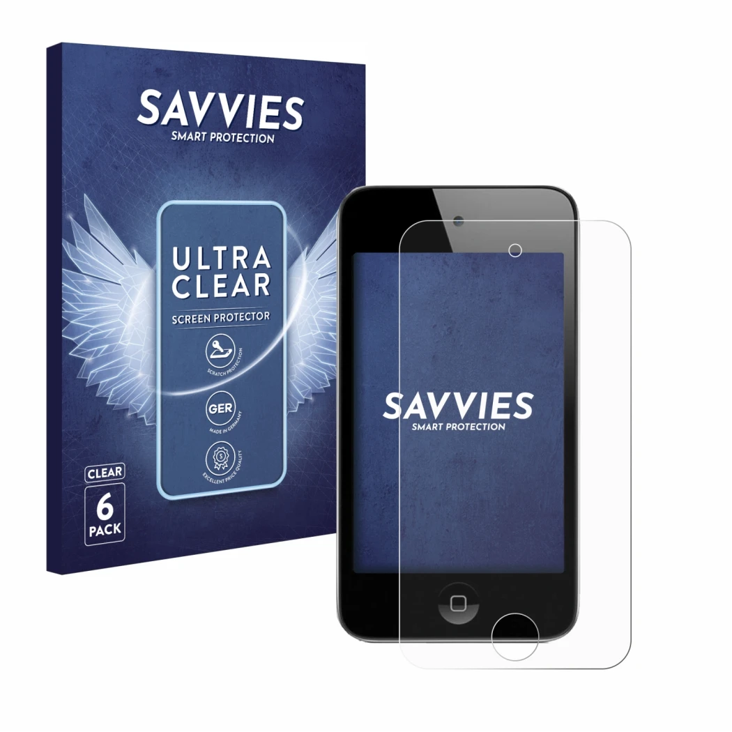 Parte frontale di una confezione del prodotto con il logo del marchio Savvies. Accanto è raffigurato il dispositivo Apple iPod