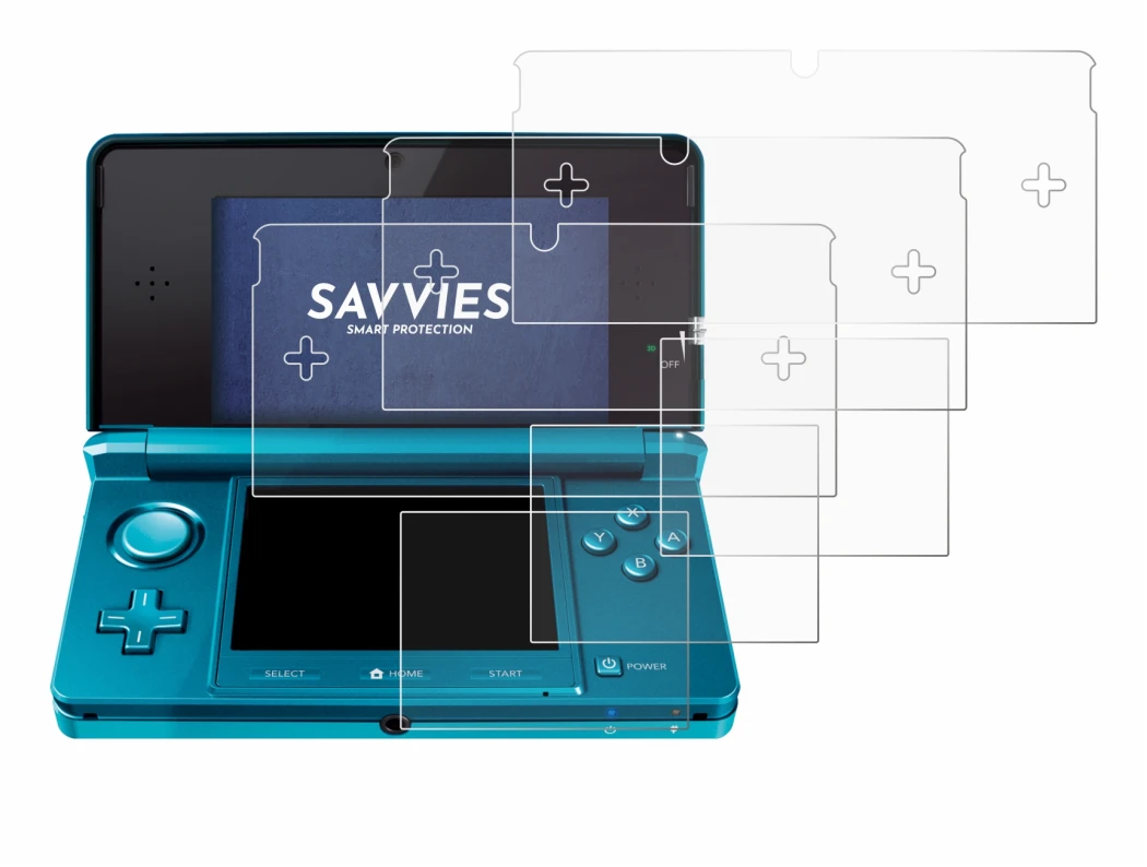 Immagine del dispositivo Nintendo 3DS con un'ampia varietà di protezioni per lo schermo.