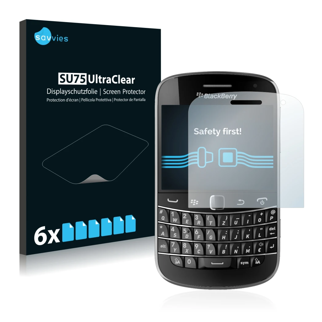 Parte frontale di una confezione del prodotto con il logo del marchio Savvies. Accanto è raffigurato il dispositivo RIM BlackB