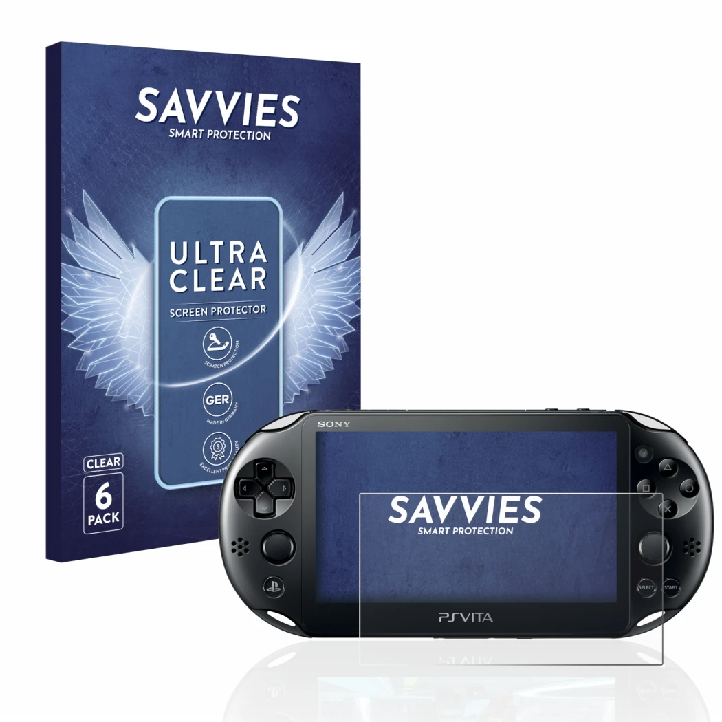 Parte frontale di una confezione del prodotto con il logo del marchio Savvies. Accanto è raffigurato il dispositivo Sony Plays