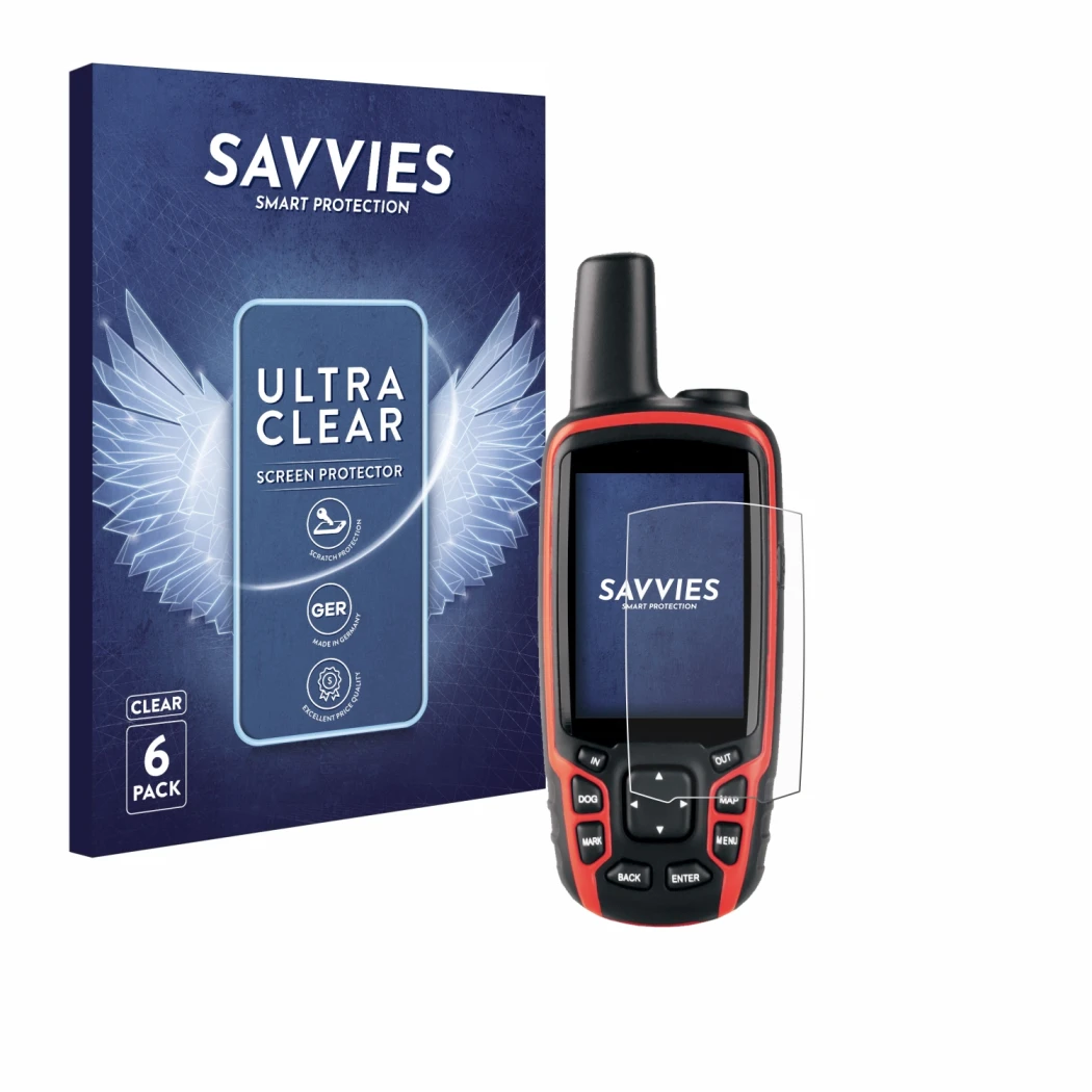 Parte frontale di una confezione del prodotto con il logo del marchio Savvies. Accanto è raffigurato il dispositivo Garmin Ast