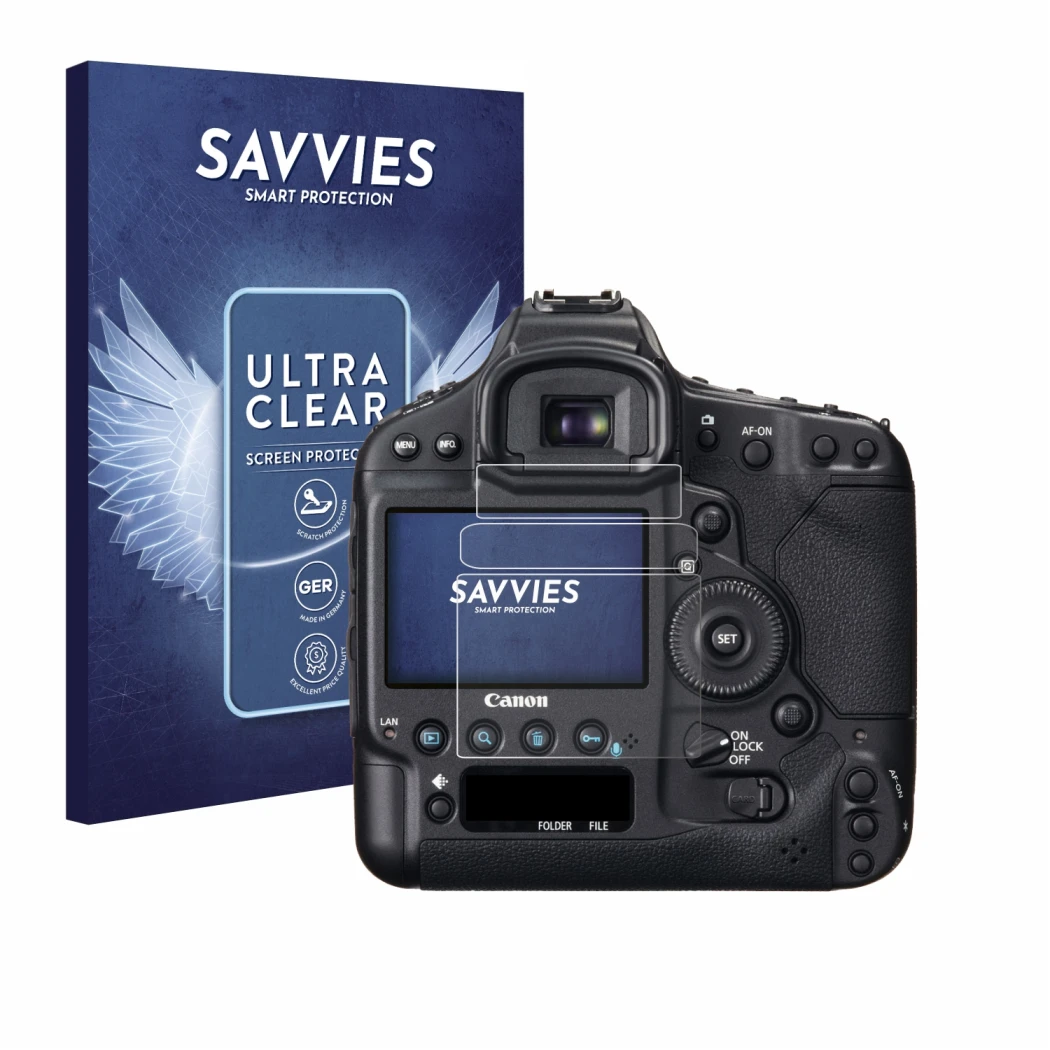 Parte frontale di una confezione del prodotto con il logo del marchio Savvies. Accanto è raffigurato il dispositivo Canon EOS 