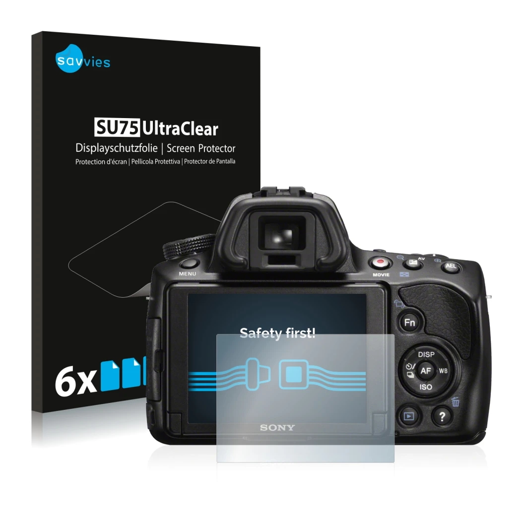 Parte frontale di una confezione del prodotto con il logo del marchio Savvies. Accanto è raffigurato il dispositivo Sony Alpha