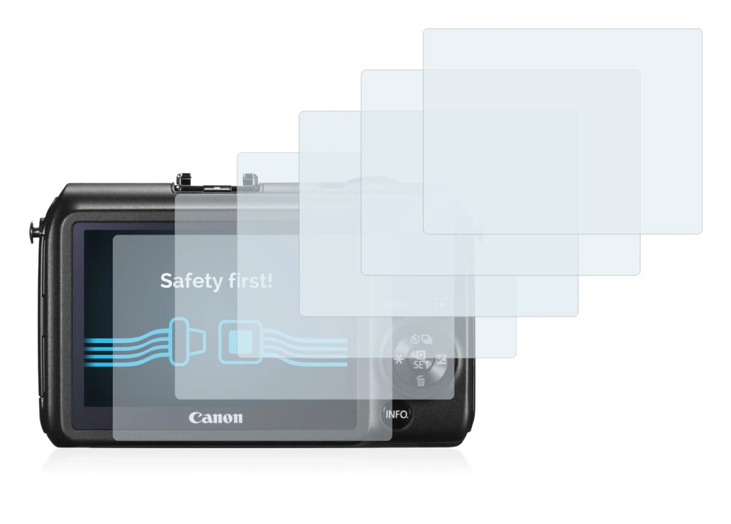 Immagine del dispositivo Canon EOS M con un'ampia varietà di protezioni per lo schermo.