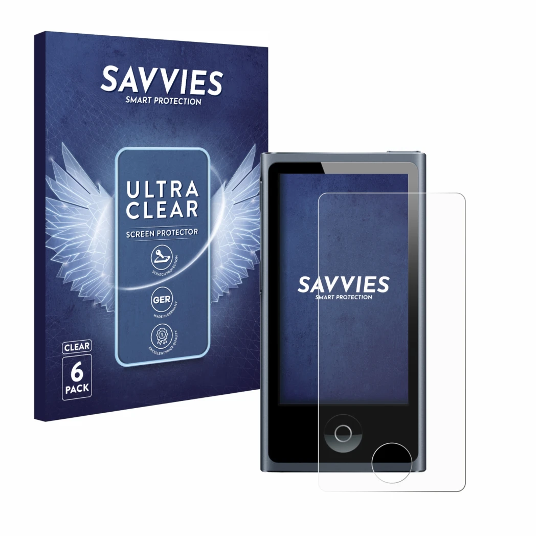 Parte frontale di una confezione del prodotto con il logo del marchio Savvies. Accanto è raffigurato il dispositivo Apple iPod