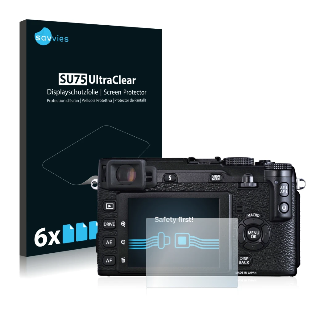 Parte frontale di una confezione del prodotto con il logo del marchio Savvies. Accanto è raffigurato il dispositivo Fujifilm X