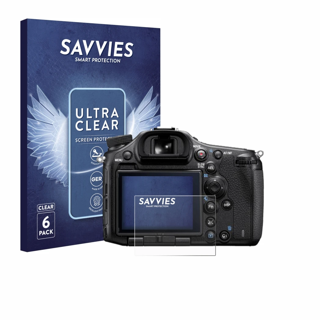 Parte frontale di una confezione del prodotto con il logo del marchio Savvies. Accanto è raffigurato il dispositivo Sony Alpha