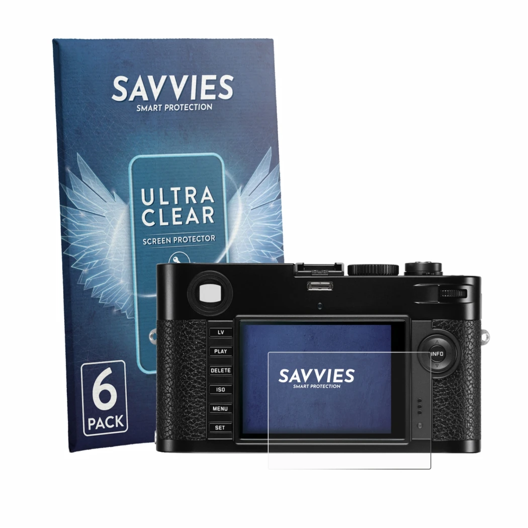 Parte frontale di una confezione del prodotto con il logo del marchio Savvies. Accanto è raffigurato il dispositivo Leica M (T