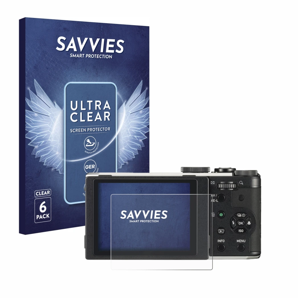Parte frontale di una confezione del prodotto con il logo del marchio Savvies. Accanto è raffigurato il dispositivo Pentax MX-