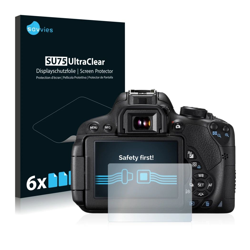 Parte frontale di una confezione del prodotto con il logo del marchio Savvies. Accanto è raffigurato il dispositivo Canon EOS 