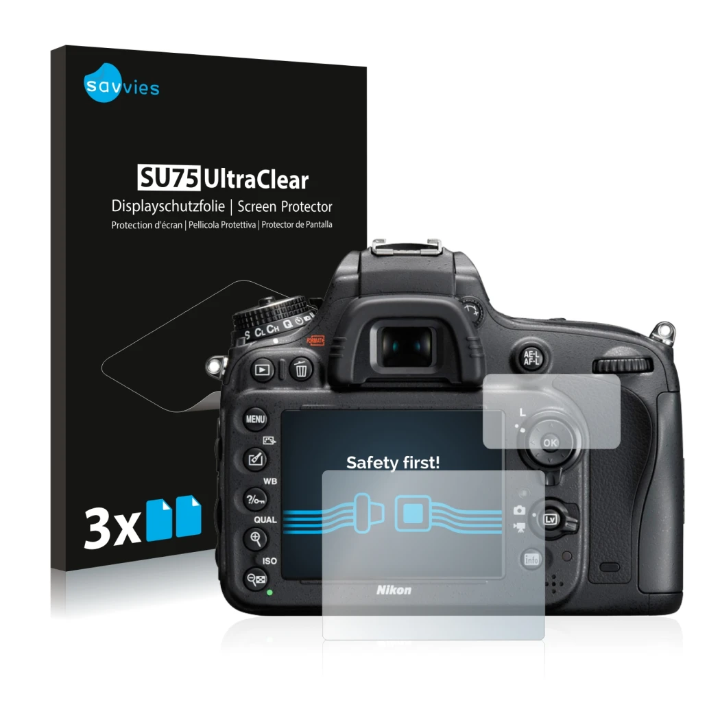 Parte frontale di una confezione del prodotto con il logo del marchio Savvies. Accanto è raffigurato il dispositivo Nikon D610