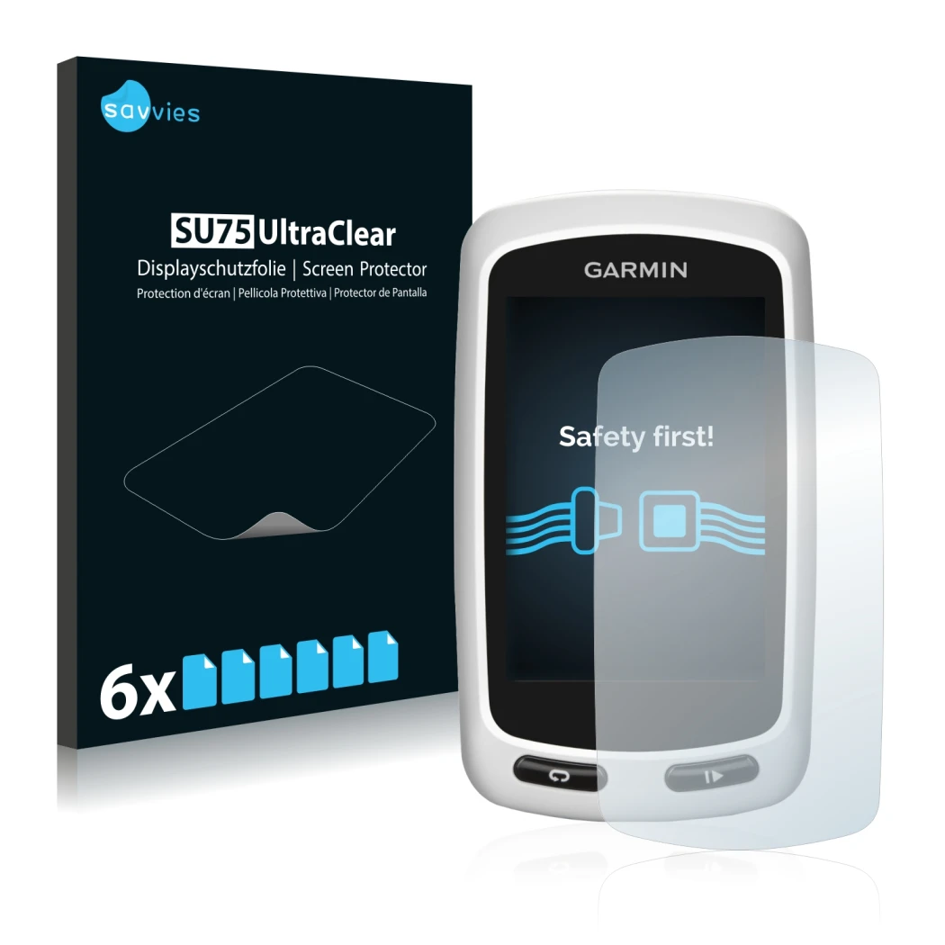 Parte frontale di una confezione del prodotto con il logo del marchio Savvies. Accanto è raffigurato il dispositivo Garmin Edg