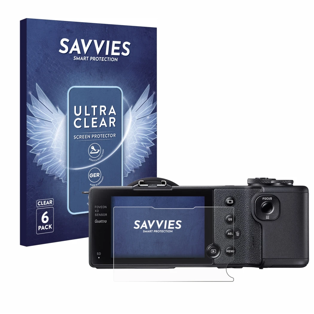 Parte frontale di una confezione del prodotto con il logo del marchio Savvies. Accanto è raffigurato il dispositivo Sigma dp2 