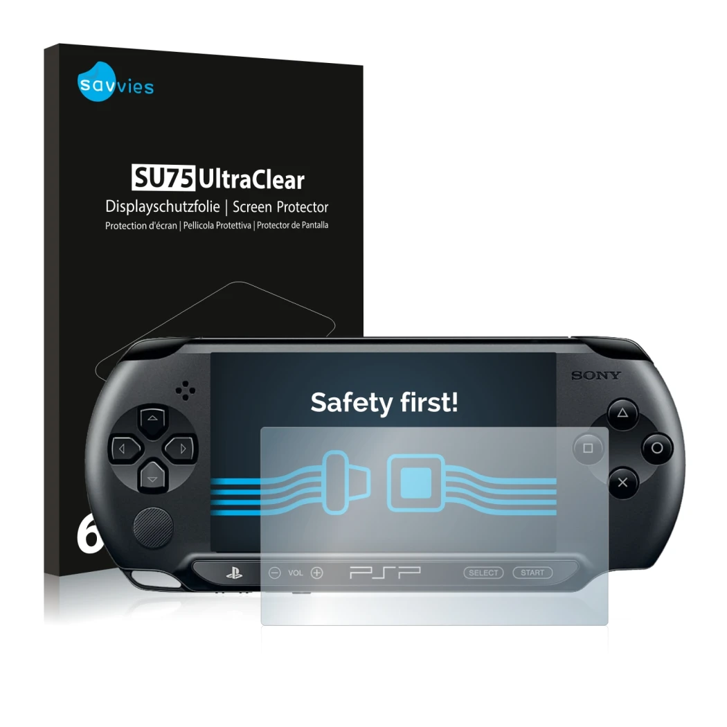 Parte frontale di una confezione del prodotto con il logo del marchio Savvies. Accanto è raffigurato il dispositivo Sony PSP 2