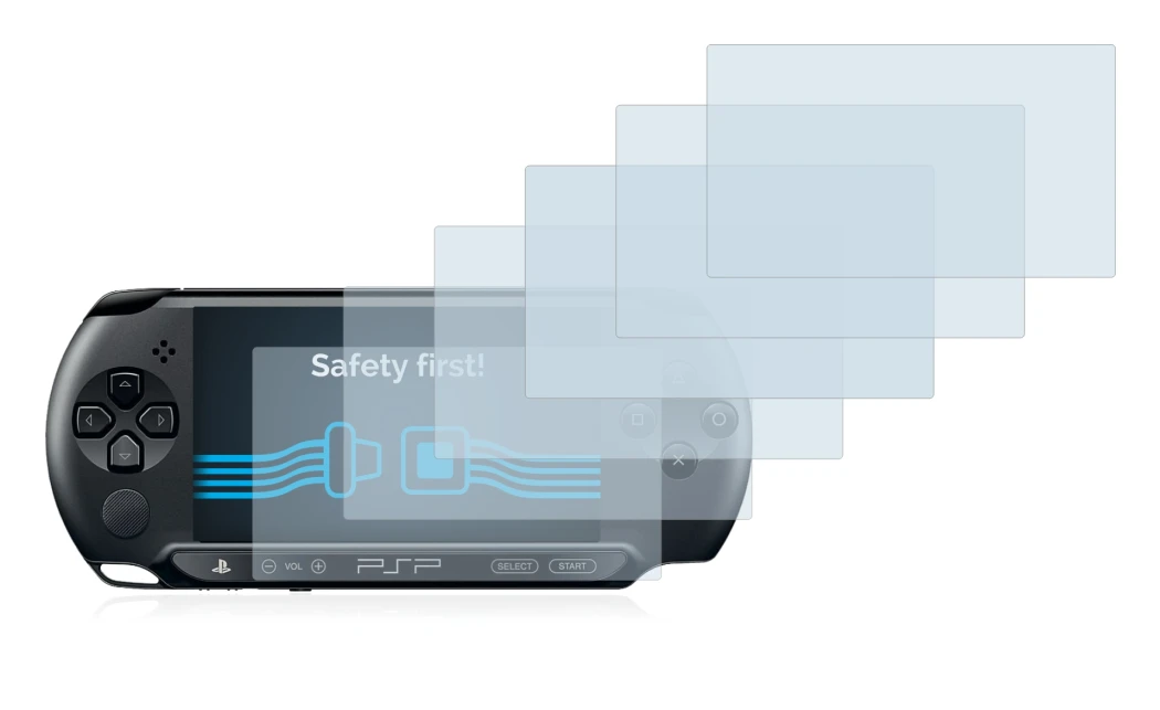 Immagine del dispositivo Sony PSP 2000 con un'ampia varietà di protezioni per lo schermo.