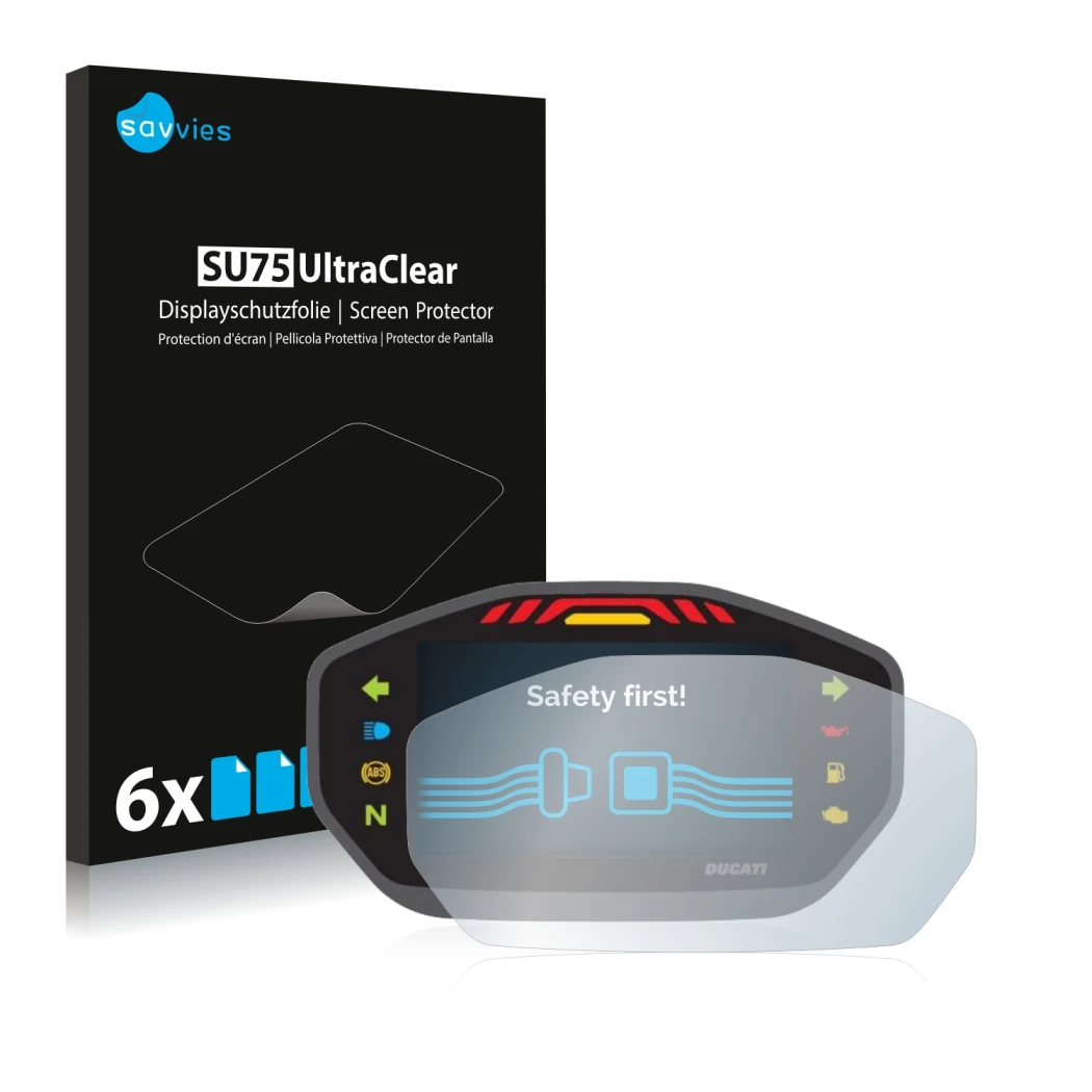 Parte frontale di una confezione del prodotto con il logo del marchio Savvies. Accanto è raffigurato il dispositivo Ducati Mon