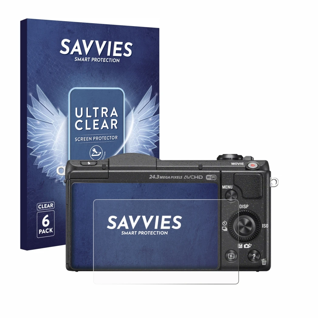 Parte frontale di una confezione del prodotto con il logo del marchio Savvies. Accanto è raffigurato il dispositivo Sony Alpha