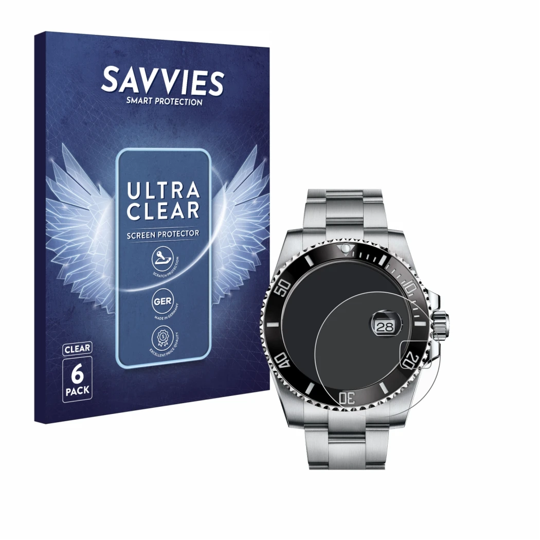 Parte frontale di una confezione del prodotto con il logo del marchio Savvies. Accanto è raffigurato il dispositivo Rolex Subm