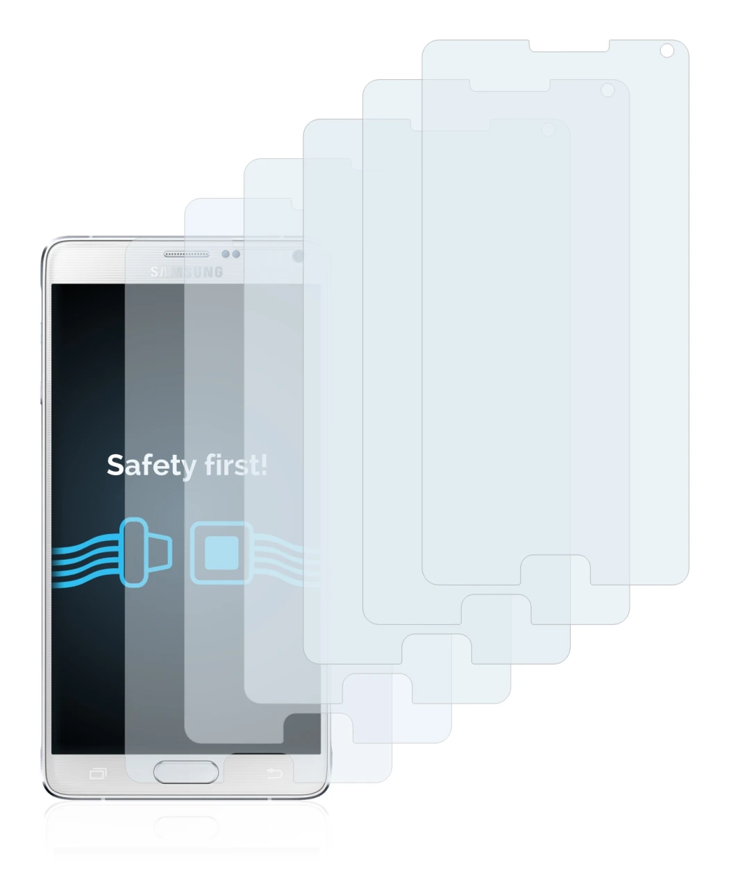 Immagine del dispositivo Samsung Galaxy Note 4 con un'ampia varietà di protezioni per lo schermo.