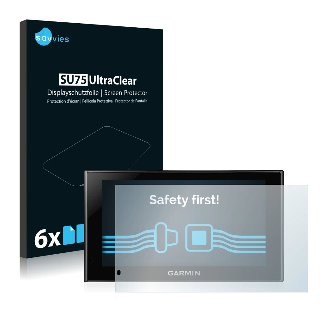 Parte frontale di una confezione del prodotto con il logo del marchio Savvies. Accanto è raffigurato il dispositivo Garmin nüv