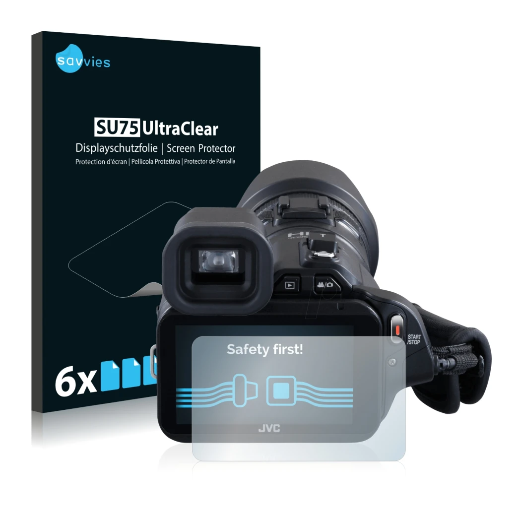Parte frontale di una confezione del prodotto con il logo del marchio Savvies. Accanto è raffigurato il dispositivo JVC GC-PX1