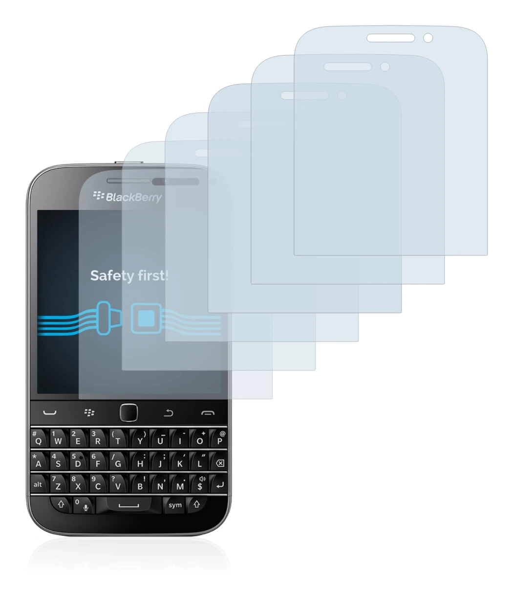 Immagine del dispositivo Blackberry Classic Q20 con un'ampia varietà di protezioni per lo schermo.