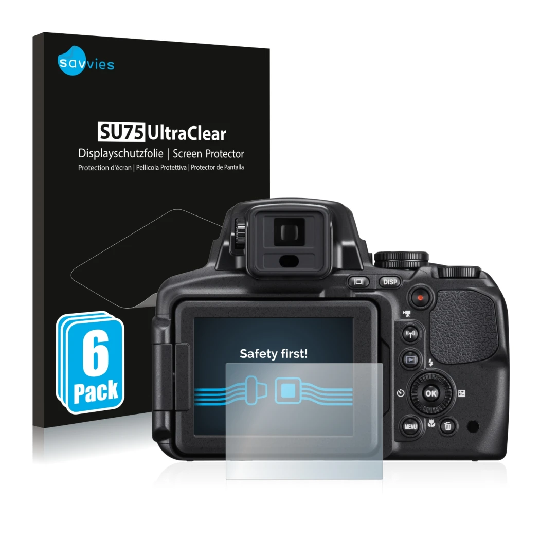 Parte frontale di una confezione del prodotto con il logo del marchio Savvies. Accanto è raffigurato il dispositivo Nikon Cool